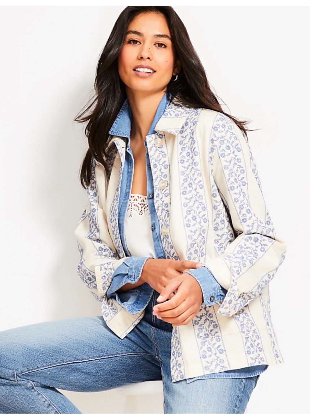 Loft Women’s Cream & Blue Patterned/Floral Chore Jacket NWT - Picture 1 of 8